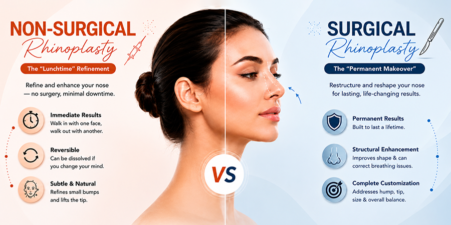 Non-surgical vs surgical rhinoplasty comparison infographic showing benefits of each treatment option